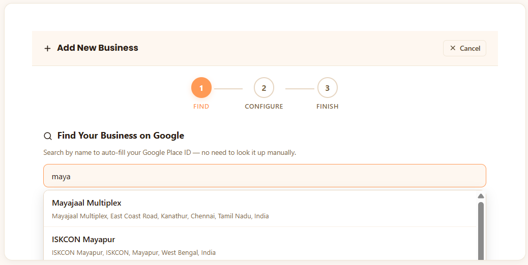 YoppyChat business search — type your Google Business name and select from the autocomplete dropdown